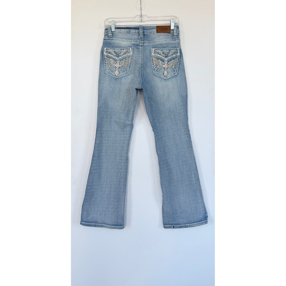Y Jeans Los Angeles Rhinestone Cross Wing Bootcut Jeans Light Wash Size 9/10